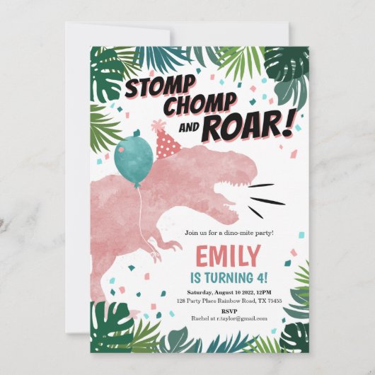 Dinosaur Girl Birthday Party Invitation Bedankkaart (Voorkant)