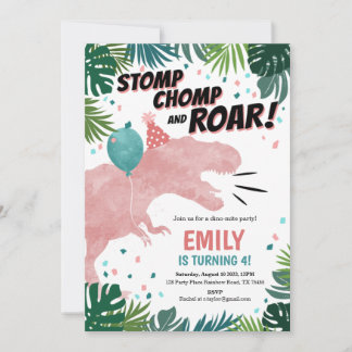 Dinosaur Girl Birthday Party Invitation Bedankkaart