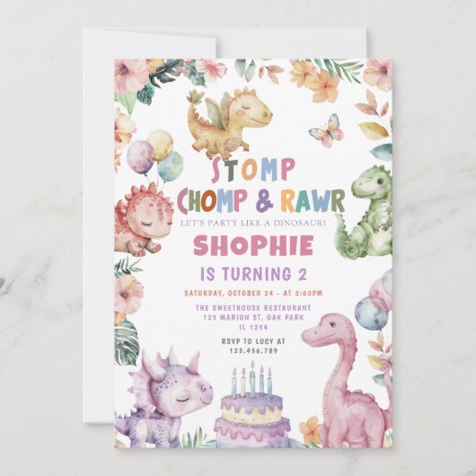 Dinosaur Girl Dino Verjaardagsfeest Kaart (Voorkant)