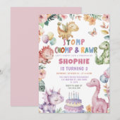 Dinosaur Girl Dino Verjaardagsfeest Kaart (Voorkant / Achterkant)