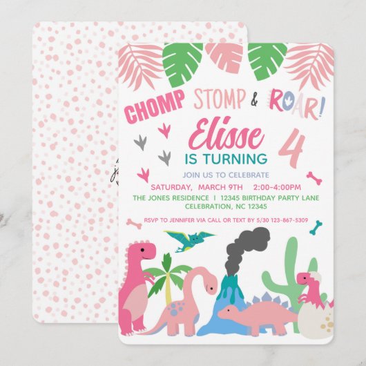 Dinosaur Girl Pink Birthday Kaart (Voorkant / Achterkant)