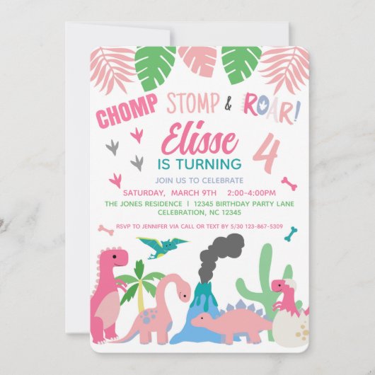 Dinosaur Girl Pink Birthday Kaart (Voorkant)