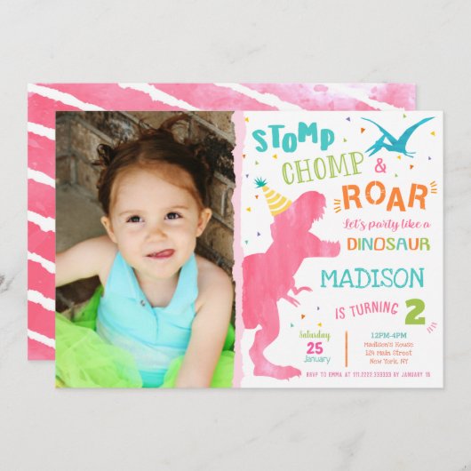 Dinosaur Girl T-rex Birthday Invitation Kaart (Voorkant / Achterkant)