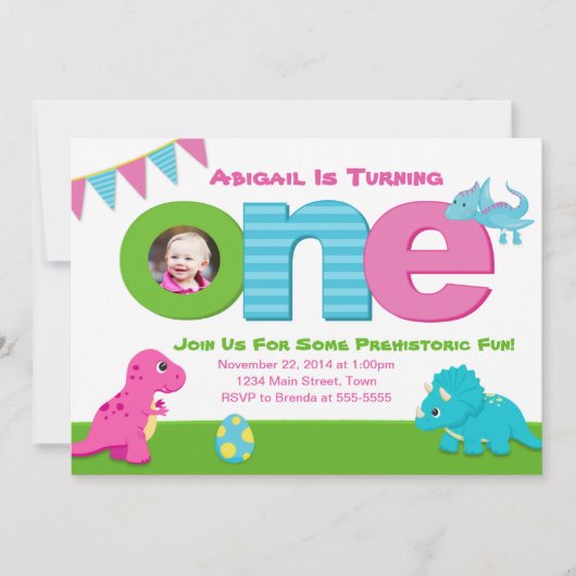 Dinosaur Girl Verjaardag Uitnodiging 1e Verjaardag (Voorkant)