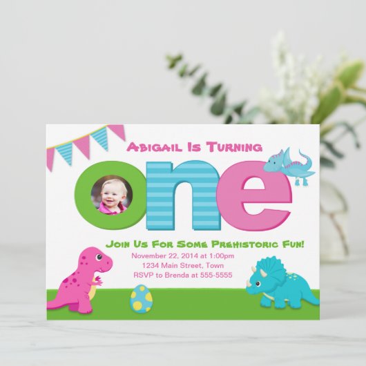 Dinosaur Girl Verjaardag Uitnodiging 1e Verjaardag (Staand voorkant)