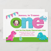 Dinosaur Girl Verjaardag Uitnodiging 1e Verjaardag (Voorkant / Achterkant)