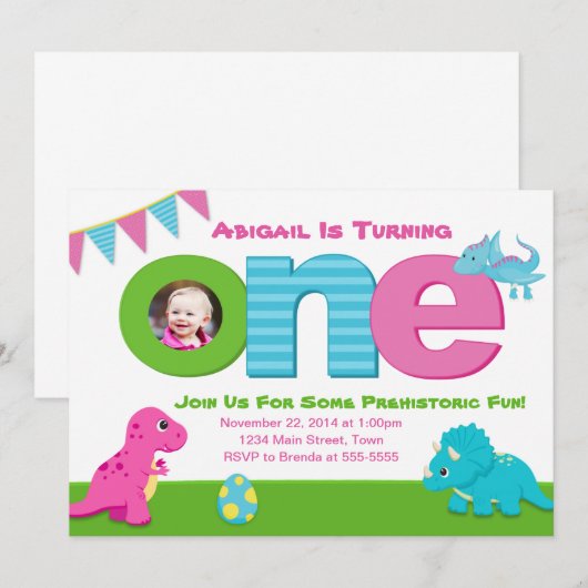 Dinosaur Girl Verjaardag Uitnodiging 1e Verjaardag (Voorkant / Achterkant)