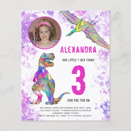 Dinosaur Girls 3rd Birthday Party Photo Budget Flyer (Voorkant)