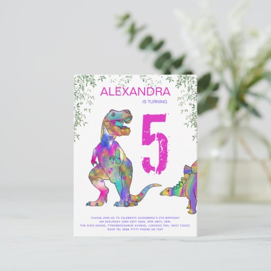 Dinosaur Girls 5th Birthday Party budget Uitnodiging Briefkaart (Staand voorkant)