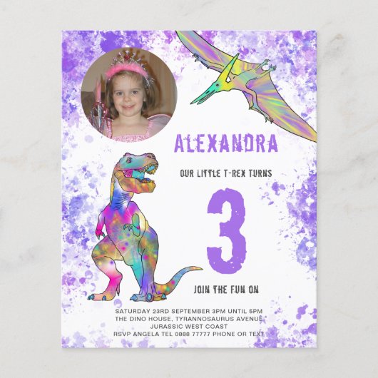 Dinosaur Girls Birthday Party Photo Budget Flyer (Voorkant)