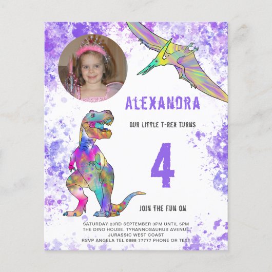 Dinosaur Girls Birthday Party Photo Budget Flyer (Voorkant)