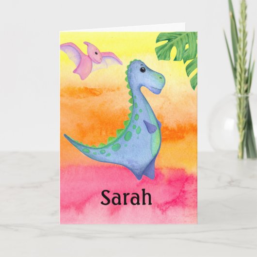 Dinosaur Girl's Name & Age Cute Birthday Kaart (Voorkant)