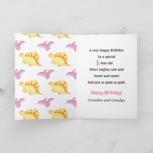 Dinosaur Girl's Name & Age Cute Birthday Kaart (Binnen)