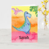 Dinosaur Girl's Name & Age Cute Birthday Kaart (Gele Bloem)