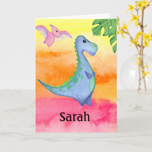 Dinosaur Girl's Name & Age Cute Birthday Kaart (Gele Bloem)