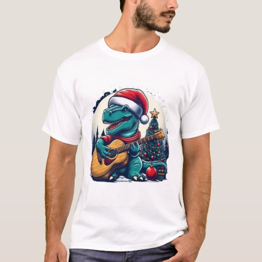 Dinosaur Gitaar Speler Xmas Grappige dag T-shirt (Voorkant)