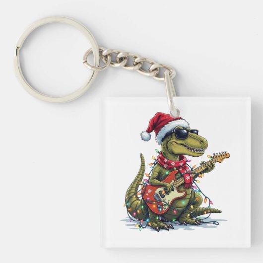 Dinosaur Gitaar Speler Xmas Sleutelhanger (Voorkant)