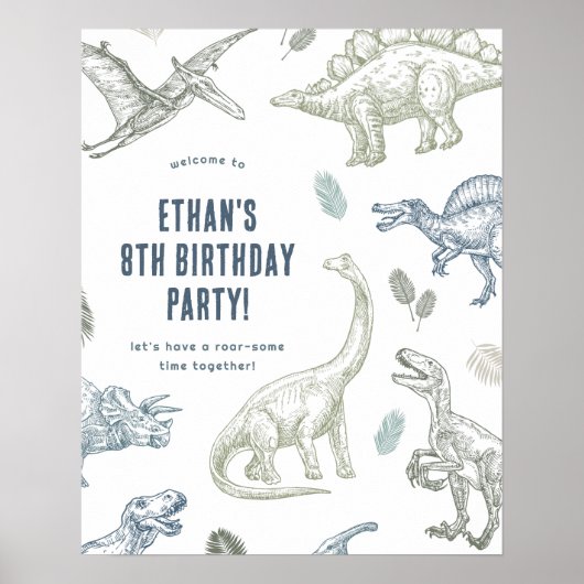 Dinosaur Green & Blue Verjaardagsfeest Welkom Teke Poster (Voorkant)