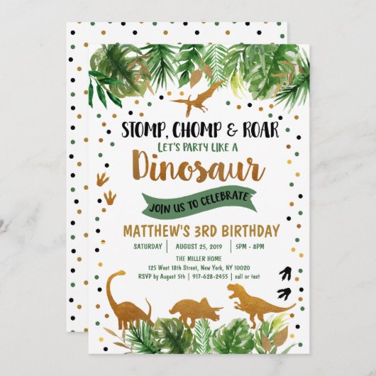 Dinosaur Green & Gold Safari Birthday Kaart (Voorkant / Achterkant)