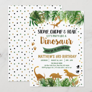 Dinosaur Green & Gold Safari Birthday Kaart