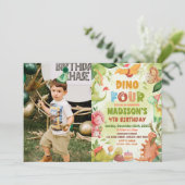 Dinosaur Greenery Dino Vier 4e Verjaardag Foto Kaart (Staand voorkant)