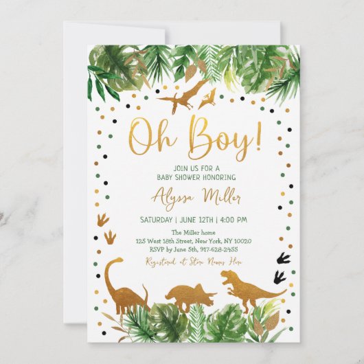 Dinosaur Greenery Gold Baby shower Kaart (Voorkant)
