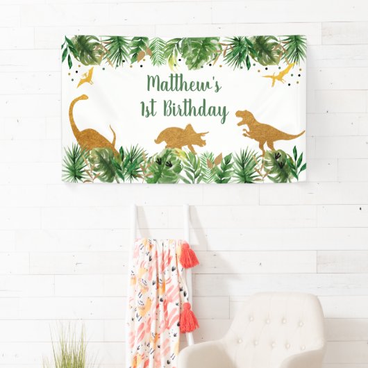 Dinosaur Greenery Gold Birthday Spandoek (Insitu)