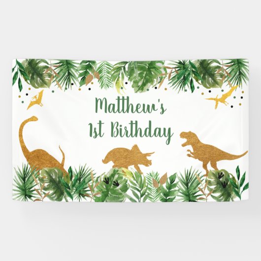 Dinosaur Greenery Gold Birthday Spandoek (Horizontaal)