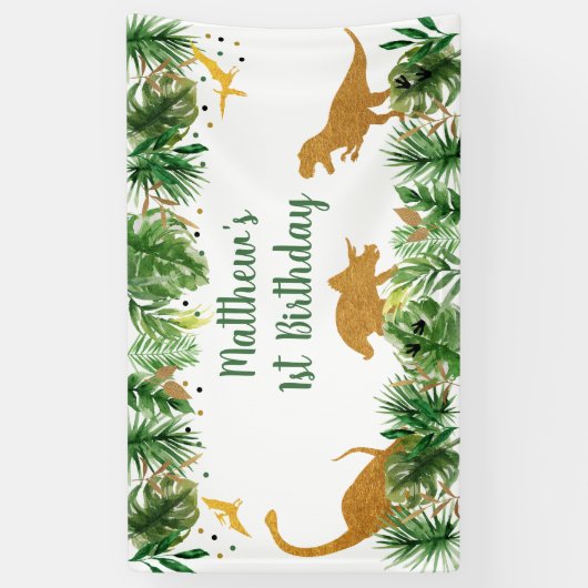 Dinosaur Greenery Gold Birthday Spandoek (Verticaal)