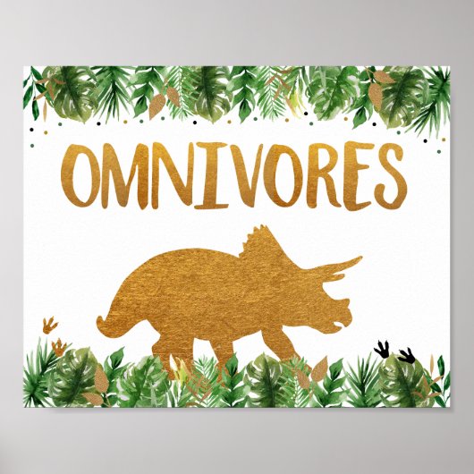 Dinosaur Greenery Gold Omnivores Birthday Sign Poster (Voorkant)