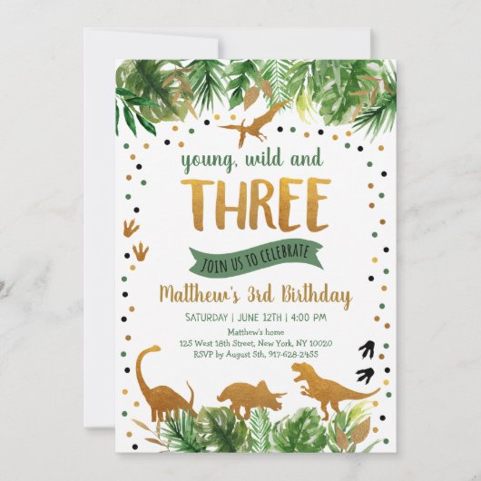 Dinosaur Greenery Gold Third Birthday Kaart (Voorkant)