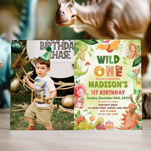 Dinosaur Greenery Wild One 1st Birthday Foto Kaart