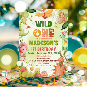 Dinosaur Greenery Wild One 1st Birthday Party Kaart