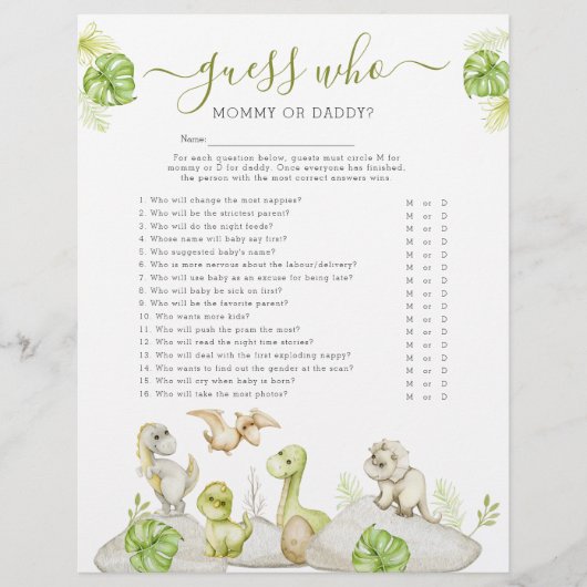 Dinosaur 'Guess Who' Baby shower spel Flyer (Voorkant)