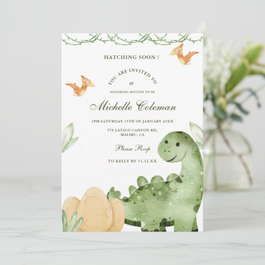 Dinosaur Hatching Soon Baby shower Invitation Kaart (Staand voorkant)