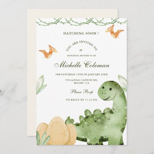 Dinosaur Hatching Soon Baby shower Invitation Kaart (Voorkant / Achterkant)