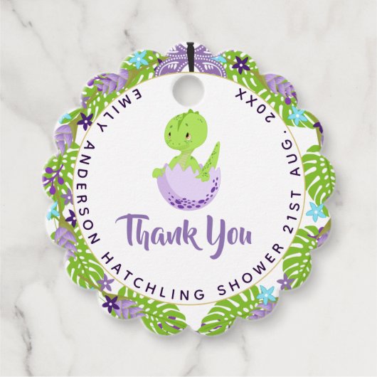 Dinosaur Hatchling Baby shower Paarse Blauwe Bedan Bedankjes Labels (Voorkant)