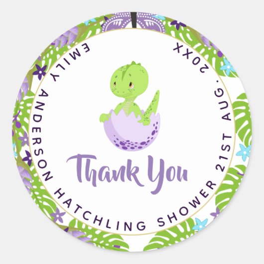 Dinosaur Hatchling Baby shower Paarse Blue Bedankt Ronde Sticker (Voorkant)