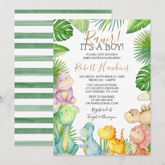 Dinosaur Het is een Jongen Baby shower Uitnodiging (Voorkant / Achterkant)