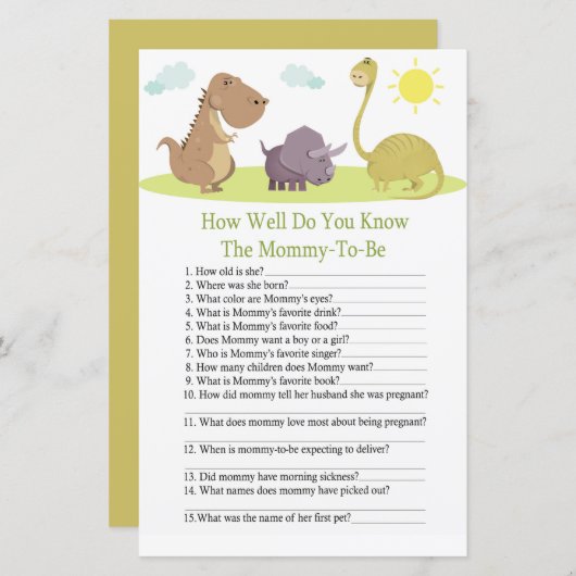 Dinosaur hoe goed je baby shower game kent (Voorkant / Achterkant)