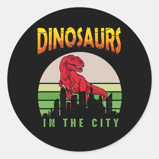 Dinosaur in de stad | Ontwerp van Dinosaur Ronde Sticker (Voorkant)