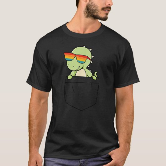 Dinosaur In Pocket Funny Cute Dino Rainbow Sunglas T-shirt (Voorkant)