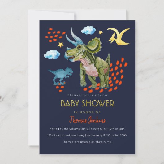 Dinosaur in watercolor Baby Shower invite. Kaart (Voorkant)