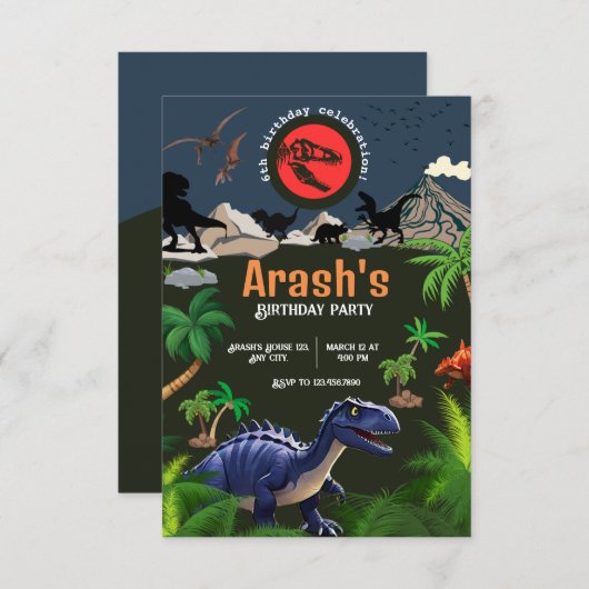 Dinosaur Invitation, Dinosaur Birthday Kaart (Voorkant / Achterkant)
