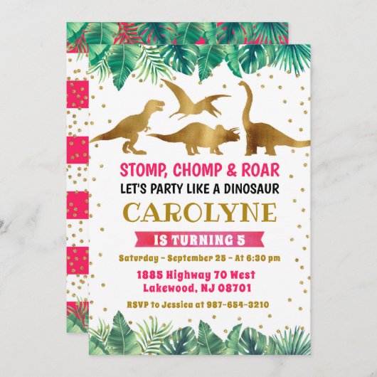Dinosaur Invitation, Dinosaur Birthday Kaart (Voorkant / Achterkant)