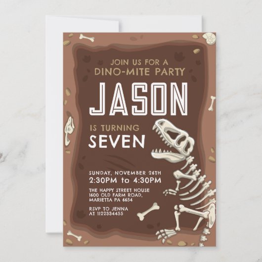 Dinosaur Invitation for Birthday Party Fossil Kaart (Voorkant)