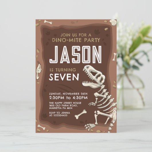 Dinosaur Invitation for Birthday Party Fossil Kaart (Staand voorkant)