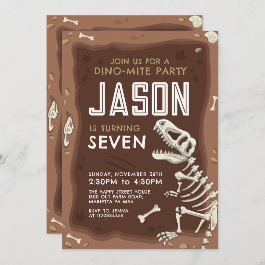 Dinosaur Invitation for Birthday Party Fossil Kaart (Voorkant / Achterkant)