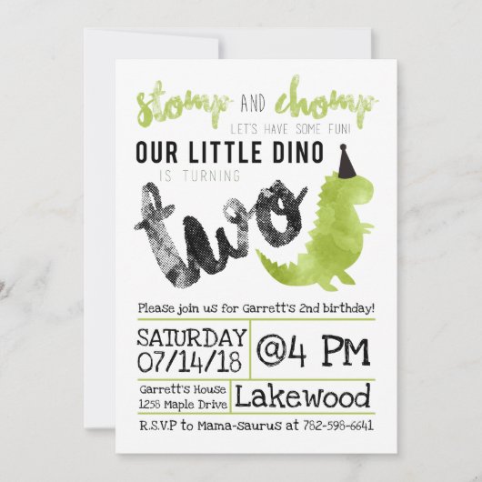 Dinosaur Invitation Stomp and Chomp 2nd Birthday Kaart (Voorkant)