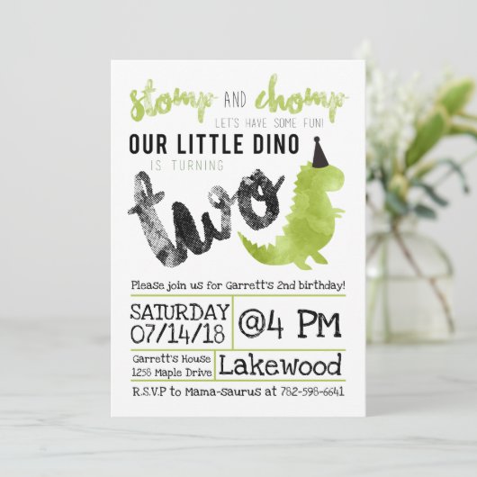 Dinosaur Invitation Stomp and Chomp 2nd Birthday Kaart (Staand voorkant)